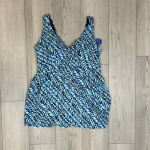 NWT Swimsuits For All Blue & Black Printed One Piece Swimsuit Skirted Size 22